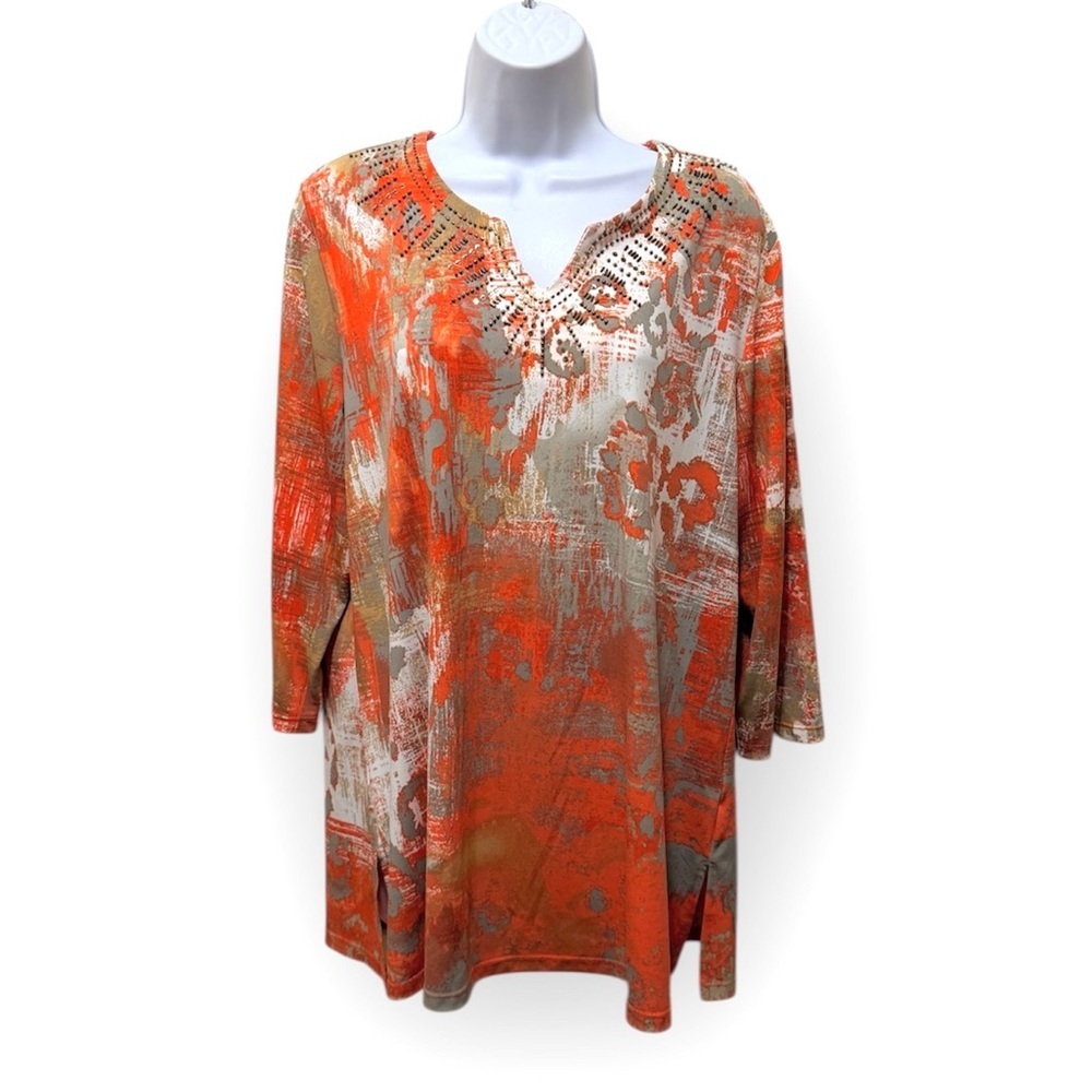 Adorable TanJay Orange and Taupe Patterned Embellished V Neck Tunic Top- Size L